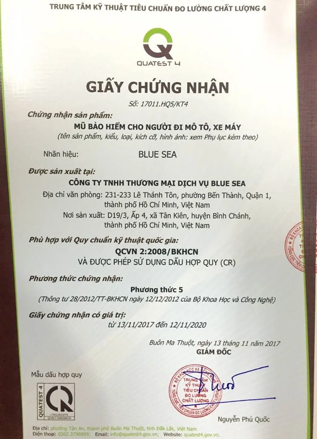 Giấy chứng nhận mũ bảo hiểm đạt tiêu chuẩn chất lượng của mũ bảo hiểm Blue Sea
