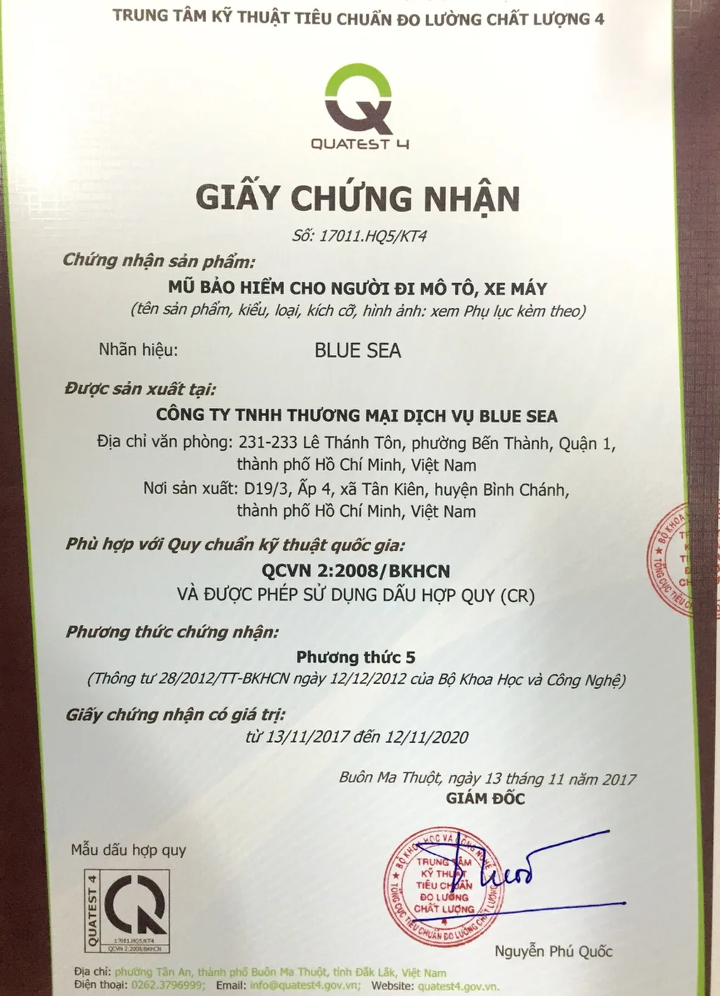 Giấy chứng nhận chất lượng sản phẩm của Blue Sea