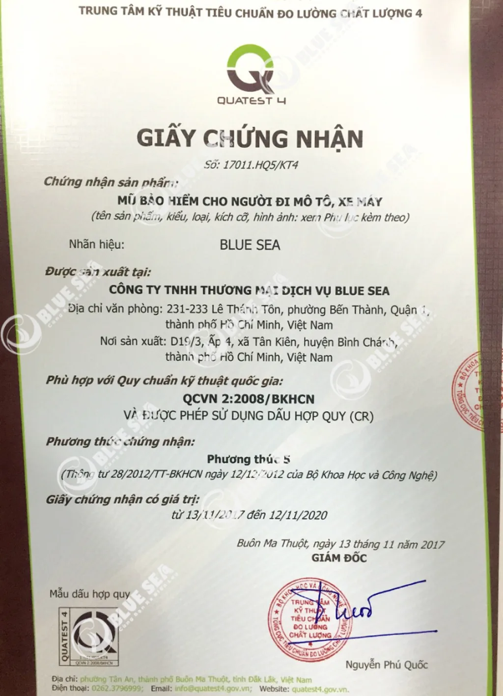 Blue Sea được chứng nhận sản xuất mũ bảo hiểm